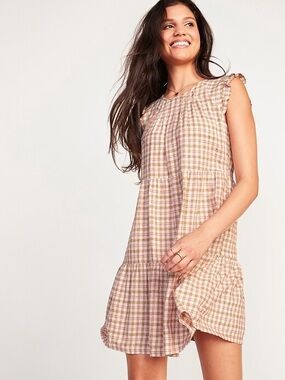 Old Navy Peach Pink Tan Plaid Tiered Babydoll Dress Size L Linen Blend